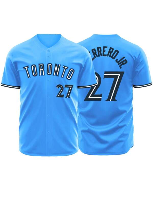 Men's 27 Blue Baseball Jersey Casual Short Sleeved Embroidered And Stitching V-Neck Button T-Shirt Party Sports Top