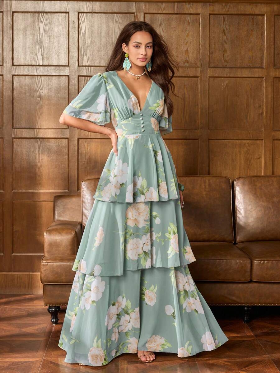 Faeriesty 印花优雅雪纺花卉印花长裙，V 领和珍珠纽扣细节，短款荷叶边袖，收腰廓形，多层荷叶边裙 | 非常适合花园婚礼、户外早午餐、春季节日、海边晚餐 - 綠色 - 查看 1