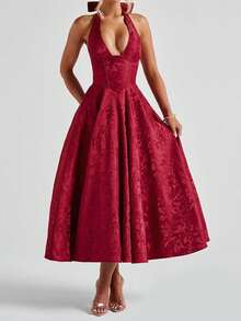 Women Jacquard Halter Dress Elegant Low Cut Sleeveless Open Back A-Line Long Dress For Evening Party Club - 酒紅色 - 查看 3