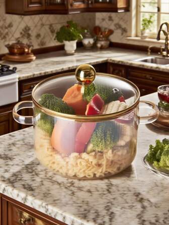 1x Amberkleurige glazen kookpot met deksel, geschikt voor fornuizen, ovens en magnetrons, geschikt voor soepen, pasta, stoofschotels, enz. Duurzaam kookgerei van borosilicaatglas, perfect voor thuiskeukens en restaurants, geschikt voor dagelijks koken en cadeaus.