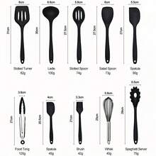 Juego de utensilios de cocina de silicona de 10 piezas, resistentes al calor, antiadherentes, accesorios de cocina multifuncionales - Negro - Ver 3