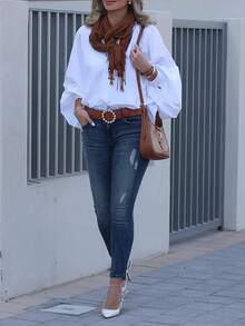 British Style Woven Long Sleeve Blouse, Elegant Top White Spring - White - View 5