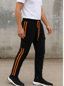Mens Black And Orange Side Stripe Cargo Track Pants Elastic Waist With Drawstring Ankle Zipper Streetwear ACtivewear Gym And Fitness Casual Pants  Regular Fit    Weekend Casual  Night Out  Sports  Daily - 黑橙 - 查看 1