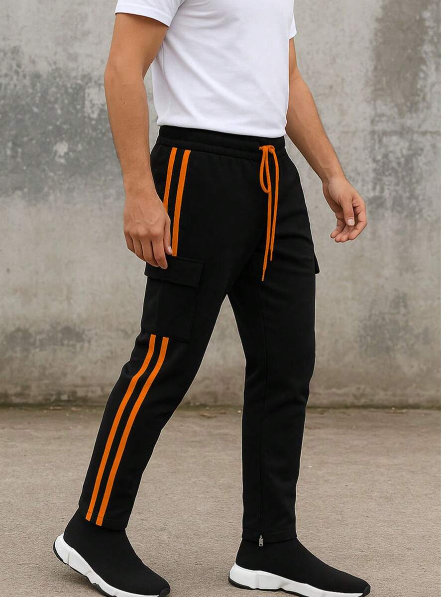 Mens Black And Orange Side Stripe Cargo Track Pants Elastic Waist With Drawstring Ankle Zipper Streetwear ACtivewear Gym And Fitness Casual Pants Regular Fit Weekend Casual Night Out Sports Daily - 黑橙 - 查看 1