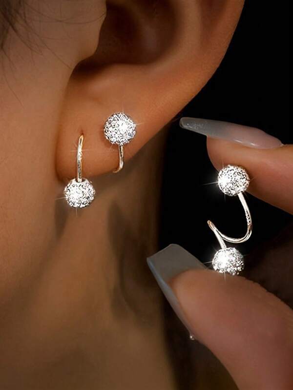 1 Pair Luxury Double-Headed Screw Closure Rhinestone Ball Ear Studs, Unique S-Shape Ear Piercing Earrings