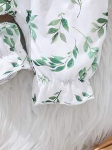 2 Stücke/Set Baby Mädchen Herbst/Winter grün Langarm Spitze Schleife Knopf Blatt Allover Muster Romper und Stirnband Set