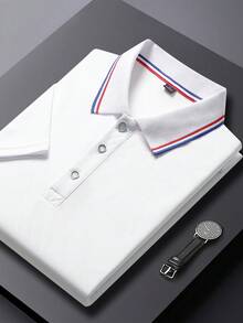 Men's Contrast Trim Golf Polo Shirt, Half Button Collar Soft Light Block Business Casual Work Shirt For Boyfriend Gift, For Golf, For Daily Wear, For Summer, For Tennis - White - View 3