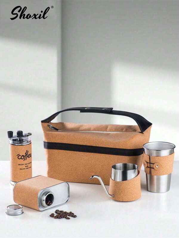 shoxil 5PCS Premium Coffee Gift Set - Stainless Steel Mocha Maker, Insulated Cup, Grinder & Storage Can - Portable Camping Kit With Cork Packaging (Ideal For Outdoor, Home & Gifts)