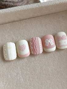 1 Sheet 3D Embossed Bowknot, Heart & Plaid Pattern Nail Art Stickers With Adhesive