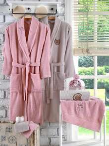 Ensemble de 2 pièces de peignoir en coton turc 100% brodé Guvenal Dream - Tailles S, M, L - Marron, Gris, Blanc, Beige - Doux et absorbant - Fabriqué en Turquie - Tabac - Voir 2