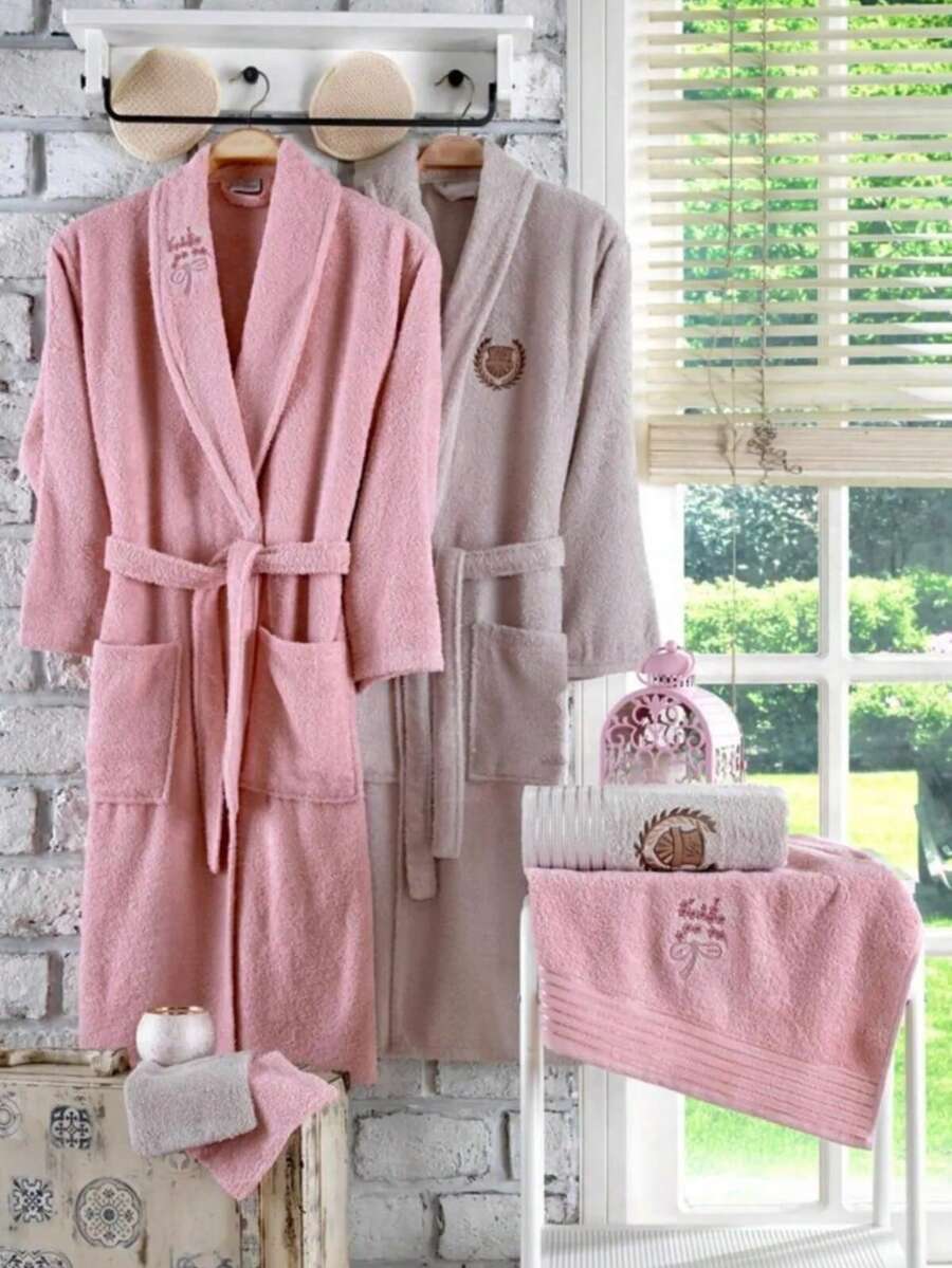 Ensemble de 2 pièces de peignoir en coton turc 100% brodé Guvenal Dream - Tailles S, M, L - Marron, Gris, Blanc, Beige - Doux et absorbant - Fabriqué en Turquie