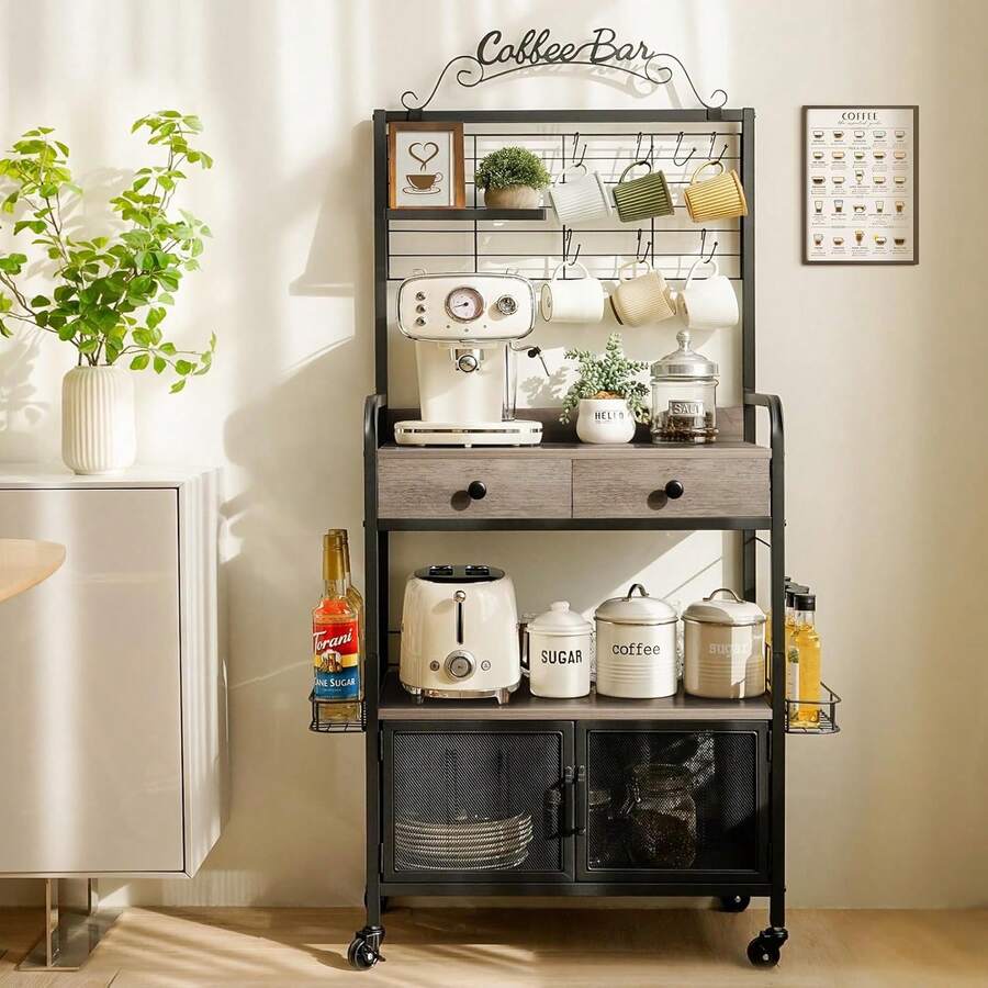IMGCUKVZERETAILLLC Coffee Bar Cabinet With Storage, Coffee Cart With Wheels, Coffee Station With Coffee Bar Sign And Mug Hook, Corner Coffee Bar Table With Drawer, Bakers Rack For Kitchen Dining Room Living Room Nook - Black & Gray Oak - View 1