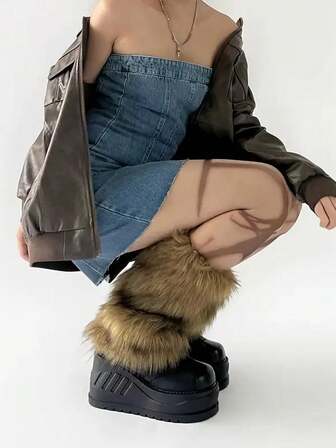 1双女士西部牛仔风毛绒腿套，棕色复古辣妹蓬松保暖腿套，时尚百搭，适合日常穿着，Y2K风格，舒适保暖