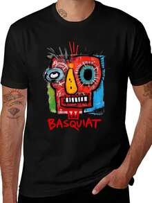 Men's Summer T-Shirt, Jean And Michel Artist Basquiat Oversized T Shirt Loose Fit Vintage Washed Short Sleeve Tee For Men Women, Comfortable Crewneck - 黑色 - 查看 1