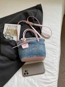 1 pieza (7.1 pulgadas*6.7 pulgadas*3.1 pulgadas) Bolso de mano de mujer, bolso de hombro, bolso cruzado, bolso de mensajero, mini bolso, material resistente, adecuado para compras, citas, salidas, viajes al trabajo, correa ajustable, decoración de lazo y perla linda, bolso casual elegante de color block