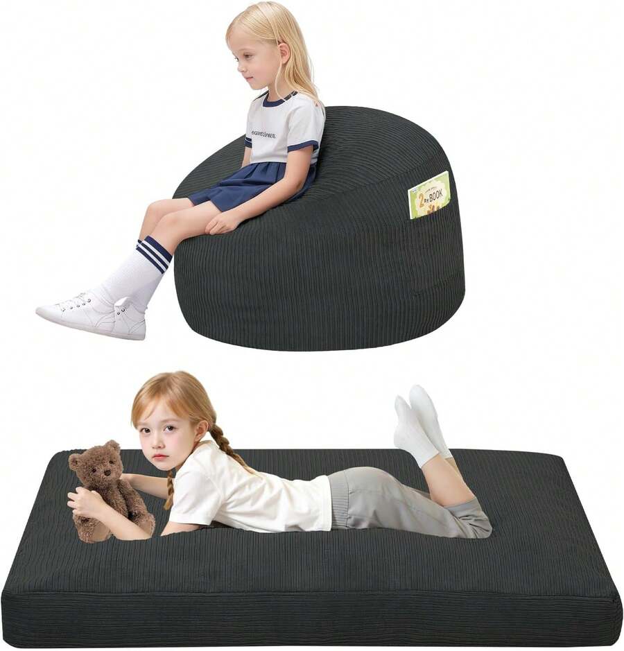Bean Bag Chair For Kids 8-12, Toddler Beanbag Bed Corduroy, Convertible Child Bean Chair To Floor Mattress With Filler, Kid Reading Comfy Lounge Couch For Boys And Girls Bedroom, Dark Grey - 灰色 - 查看 1