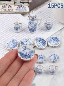 Juego de té vintage de 15 piezas con tetera, taza, plato y vajilla de cerámica blanca miniatura, modelo de casa, decoración de habitación, muebles para muñecas BJD/móviles y fotografía