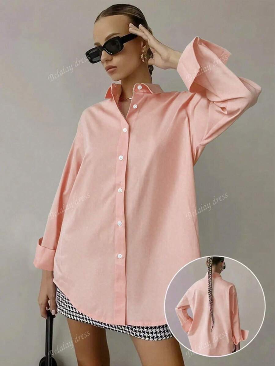 Women's Casual Loose Button-Up Color Block Front Short Back Long Shirt For Daily Commute, Spring/Autumn