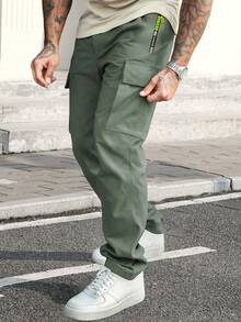 Men's Casual Cargo Pants With Drawstring Waist, Zipper Pockets, Lightweight Spring/Summer Long Pants, Suitable For Running, Training, Outdoor Activities - Army Green - View 3