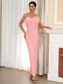 Sexy Off-The-Shoulder Sleeveless With Fake Feathers Backless Bodycon Long Bandage Holiday Party Dress Wedding Guest Bridesmaid Dress Birthday Party Elegant Ladies Formal Dinner Dress Skirt - Pink - View 4