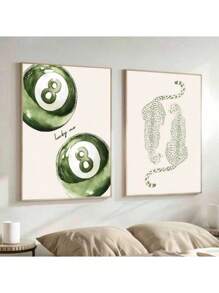 Set Of 2 Unframed Green Cheetah Lucky 8 Pool Ball Y2K Preppy Art Poster Aesthetic Girly Room Decor Funky Painting Canvas Print Minimalist Wall Picture For Dorm,College Apartment,Living Room,Bedroom,Modern Home Decoration