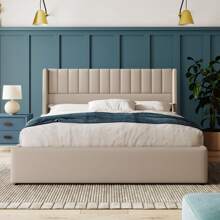 Cama tapizada 160x200 cm, cama hidráulica de lino, diseño de rayas verticales, somier moderno con espacio de almacenaje, cama funcional con canapé, estructura de metal, color beige lino