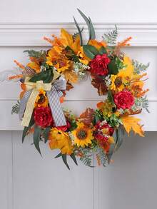 1/2pcs, 17.72inch Orange Maple Leaf, Sunflower Wreath, PVC Sunflower, Eucalyptus Leaf, Bow Design, Classic Home Decor - For Party Background, Fence Wall, Outdoor Decoration, Garden, Window Display, Yard, Holiday Props, Artificial Decoration Fall Decor Halloween Autumn Decor - Multicolor - View 2