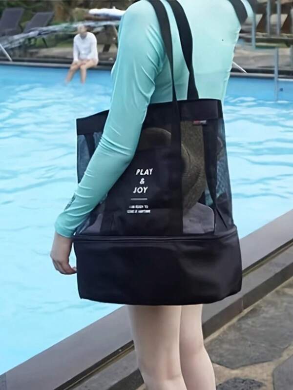 Bolsa de playa con separación de seco/húmedo de doble capa, bolsa de transporte portátil para yoga, gimnasio y fitness, bolso de viaje para natación - Poliéster negro, diseño universal, conveniente para borde de piscina, bolsa para toalla de fitness | Bolsa de playa de estilo minimalista y durable