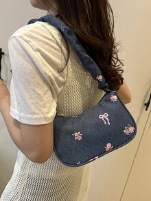 1 件海军蓝尼龙面料光滑拉链花卉印花抽绳肩带设计时尚百搭休闲夏季新款独立单肩包，适合女士日常使用 - 藍色 - 查看 3