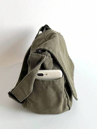 Bolsa cruzada de solapa vintage minimalista, bolsa de lona lavada gruesa, bolsa de mensajero de gran capacidad, versátil y casual, estilo estadounidense para estudiantes universitarios, viajes cortos, bolsa de tela sencilla para la calle