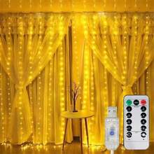 USB Powered Warm White Curtain Lights, 100/200/300/600 LEDs, 8 Modes Remote Control, Indoor Decor String Lights, Wall Mounted, Button Control, Suitable For Christmas, Wedding, Garden, Bedroom, Holiday Party Decoration