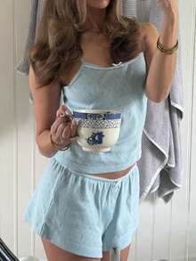 Lace Pajama Sets For Women 2 Piece Sleeveless Cami Tank Top And Shorts Pj Set Y2K Matching Lounge Sleepwear - 藍色 - 查看 2