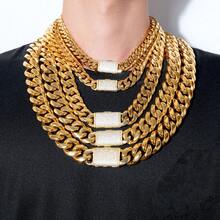 putouzip 20mm Chunky Thick 18K Gold Plated Stainless Steel Curb Punk Whip Link Chain Cut Faux Diamond Box Buckle Necklace For Men Hip Hop Jewelry - 20mm Golden Necklace - 查看 3