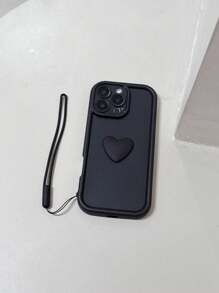 1 pieza Funda de teléfono con forma de corazón negro + 1 pieza Cordón de silicona negra, compatible con iPhone 11, 12, 13, 14, 15, 16 Pro Max, S25 Ultra, S24 Plus, A53