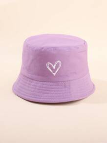 1pc Vintage Solid Color Heart Embroidery Kids Bucket Hat, Outdoor Sports Travel Sun Protection Sunscreen Bucket Hat For Boys And Girls
