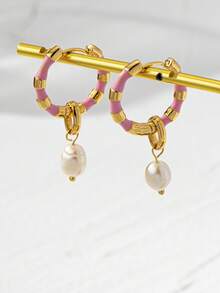 1 Pair Natural Baroque Freshwater Pearl Pendant Earrings, Colorful Glazed Bamboo Joint Design Unique Party/Holiday Earrings - Pink - View 3