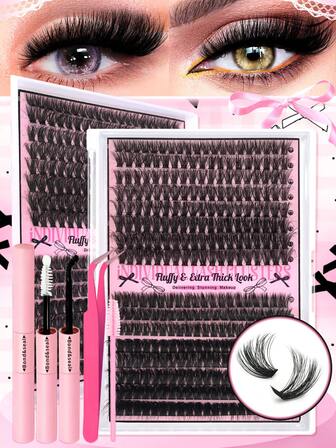 Extensiones de pestañas en racimos DIY, Kit de extensión de pestañas, Kit de extensión de pestañas en rizo D, Racimos de pestañas individuales negras 320 piezas con rizo 60D+80D, 9-16mm Mezcla de racimos de pestañas individuales DIY para usar en casa, Pestañas en rizo D, Racimos de pestañas gruesas con adhesivo para pestañas