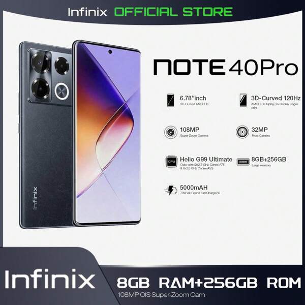 Infinix NOTE 40 Pro 8GB+256GB 4G Helio G99 6.78"120Hz IPS LCD 108MP Triple Rear Cam 5000mAh Android 14 Mobile Cell Phone Dual SIM Charging Head European Specifications Smartphone