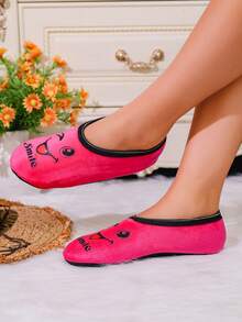 女士可爱脸部设计室内拖鞋，透气高弹地板鞋，适合居家、沙滩、户外、瑜伽 - 粉色 - 查看 2