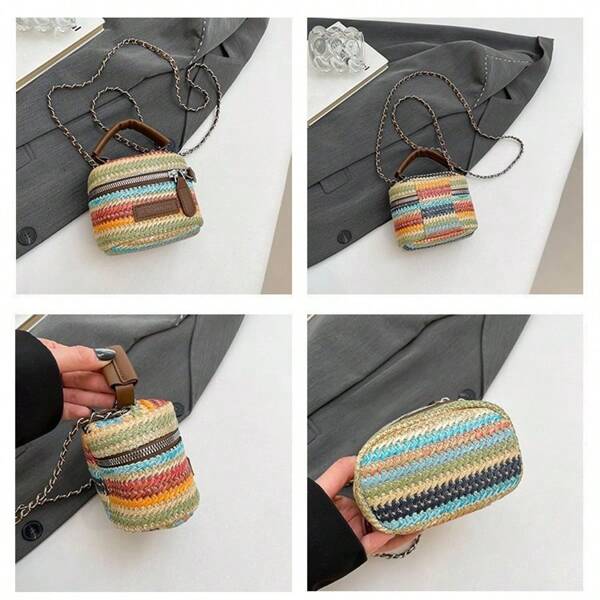 Bohemian Style Summer Boutique Luxury Mini Bucket Bag, New Fresh Woven Bag Versatile Contrast Stripe Shoulder Crossbody Bag, Handle Box Shaped Chain Strap Mini Lipstick Bag, Size 13.5cm*9cm*8.5cm, 5 Colors Available - Black, Pink, Purple, Chocolate Brown, Light Green