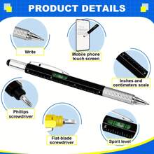 1pc 6-In-1 Multi-Purpose Pen Construction Tool, Gift Tool Pen, Multi-Purpose Pen With Ball Pen, Ruler, Touch Pen, Level, Screwdriver, Pen Tool Small Tool Pen Gift, Suitable For Dad Gift, Christmas And Birthday Presents,School Supplies,Back To School