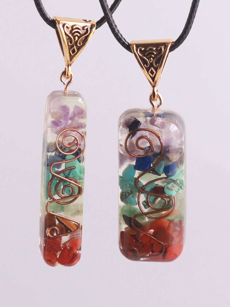 1 件 7 脉轮多色宝石铜线吊坠项链，树脂涂层天然宝石，男女皆宜的精神瑜伽疗愈珠宝 - 項鍊 - 查看 1