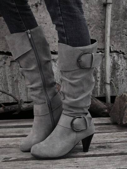 Fall/Winter 2025 Women's European & American Style Pleated Buckle Cone Heel Side Zipper Plus Size Knee-High Boots,Western Boots,Kitten Heels