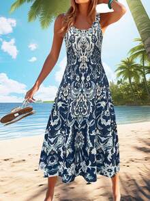 Đầm hoa nhẹ nhàng, thanh lịch, đa năng dành cho nữ, phù hợp cho các dịp thường ngày, nghỉ dưỡng, du lịch, công sở, tiệc mùa hè. - Màu xanh hải quân - Xem 6