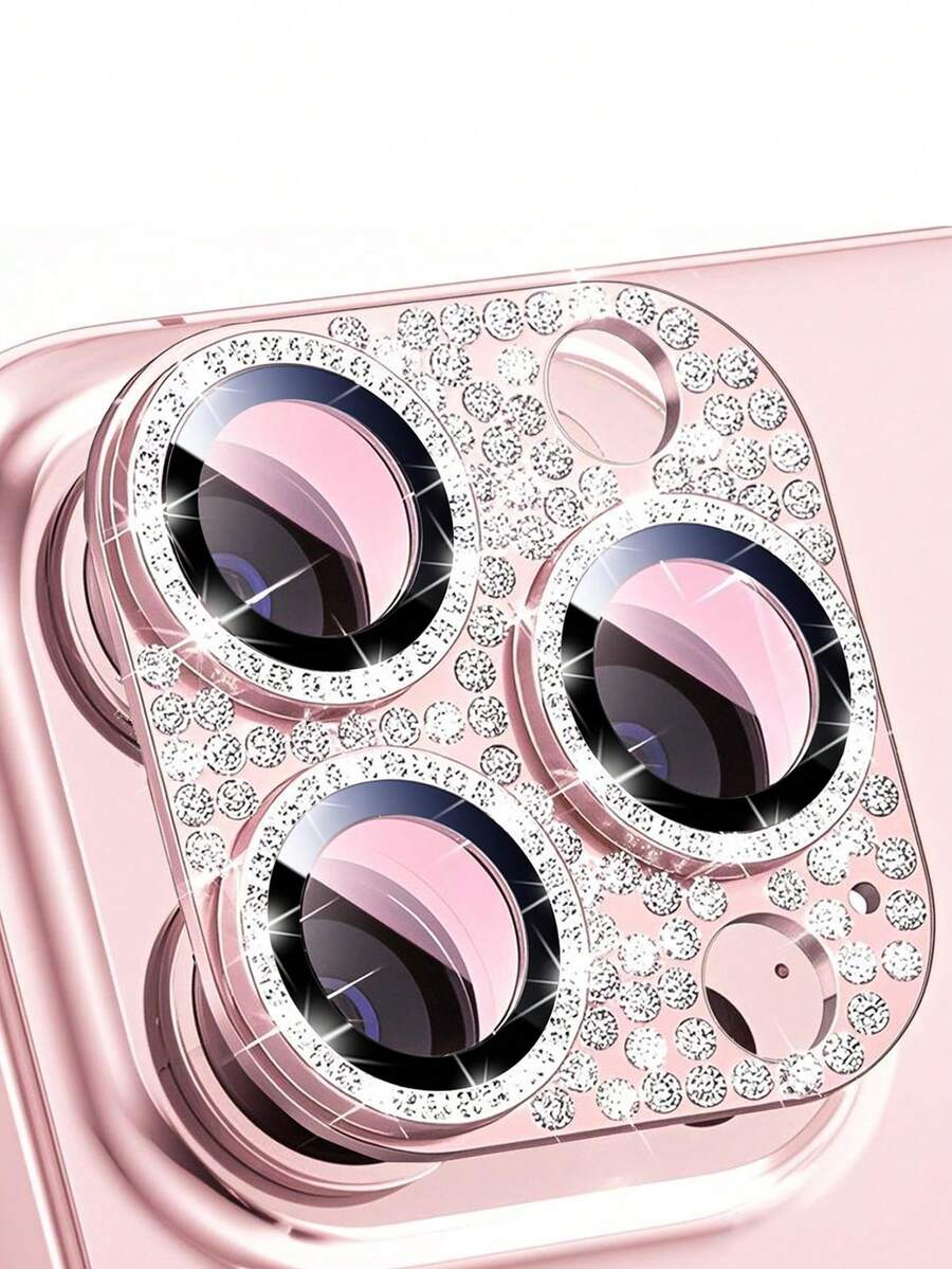 1 Pack Apple Camera All-In-One Diamond Lens Protector For IPhone 15 And 15 Pro Max Camera Lens Protector, Shiny Metal Cover Glass Lens Screen Protector Accessories For IPhone 16 Promax/16/15/14/13/12/11 Applicable To Daily Shield, Office, Home Sparkling Crystal Phone Camera Cover Waterproof Shockproof Anti-Fall Anti-Fall Scratch Resistant Anti-Fingerprint Full Cover - Pink - View 1