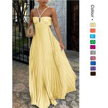 Women's Spaghetti Straps Maxi Dress Flowy Pleated Swing Beach Long Dress Low Backless Sundress - trái cam - Xem 2
