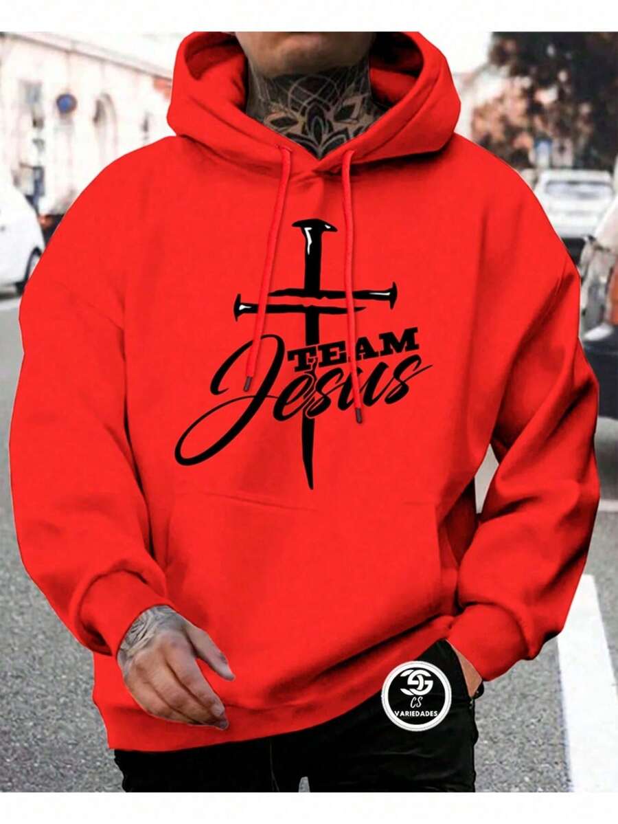 Unisex Sweatshirt Cold Weather Blouse Men's And Women's Sweatshirt With Hood And Pocket Casual Fashion Streetwear Flannel - 紅色 - 查看 1