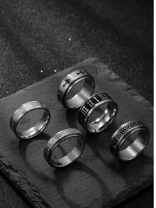 5 Pieces Fashion Stainless Steel Black Gold Roman Cross Text Serpentine Turning Ring Set Suitable For Men And Women Daily Matching Use Holiday Jewellery Halloween Decorative Elements Jewellery - Silver - View 4