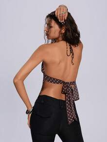 ROMWE Women's Polka Dot Print Sexy Lace Up Camisole Graphic Tees Women Tops - Coffee Brown - View 9