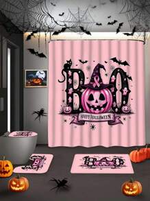 1/4-Stück Halloween einfaches rosafarbenes Kürbis Segen Duschvorhang-Set, rosa Kürbis Halloween Design, 100% Polyester Stoff Vorhang, wasserresistent & leicht zu reinigen, elegantes Einweihungsgeschenk, moderne Heimdekoration, inklusive Duschvorhang, Teppich und 12 Haken, perfekte Halloween Badezimmerdekoration